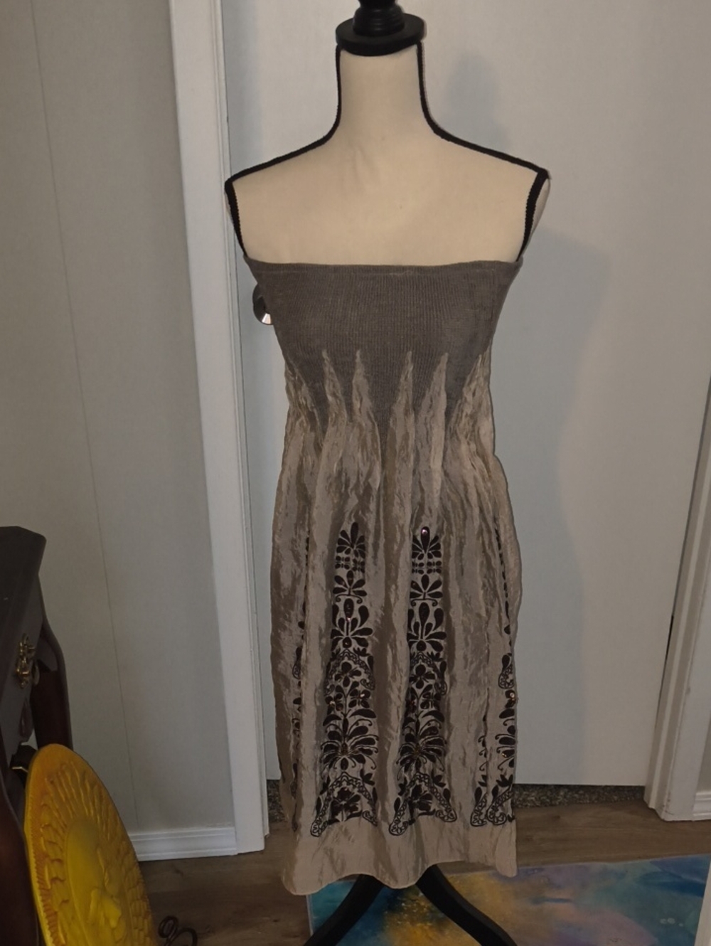 Lapis Strapless Taupe Patterned Midi Dress